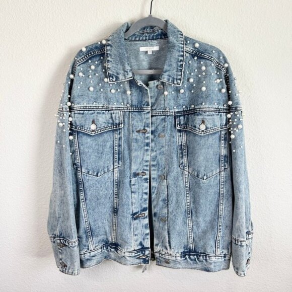 Veveret Denim Jacket Women's 2XL Pearl & Rhinestone Embellished Acid Wash Retro - Picture 1 of 11